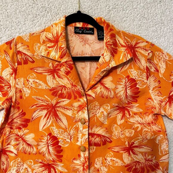 Oleg Cassini Hawaiian Shirt Womens S Orange Floral Linen Blend Statement Buttons - Picture 2 of 9